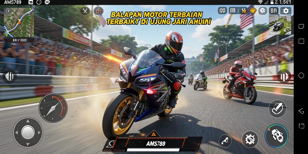 Screenshot menampilkan aksi balapan motor yang mendebarkan.