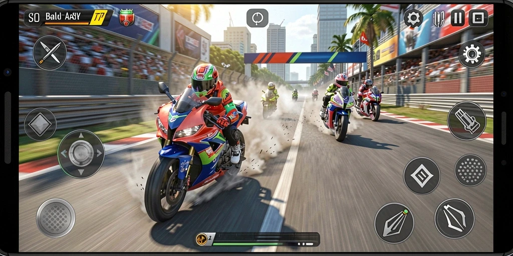 Tampilan gameplay EOS77 yang mendebarkan saat balapan motor.