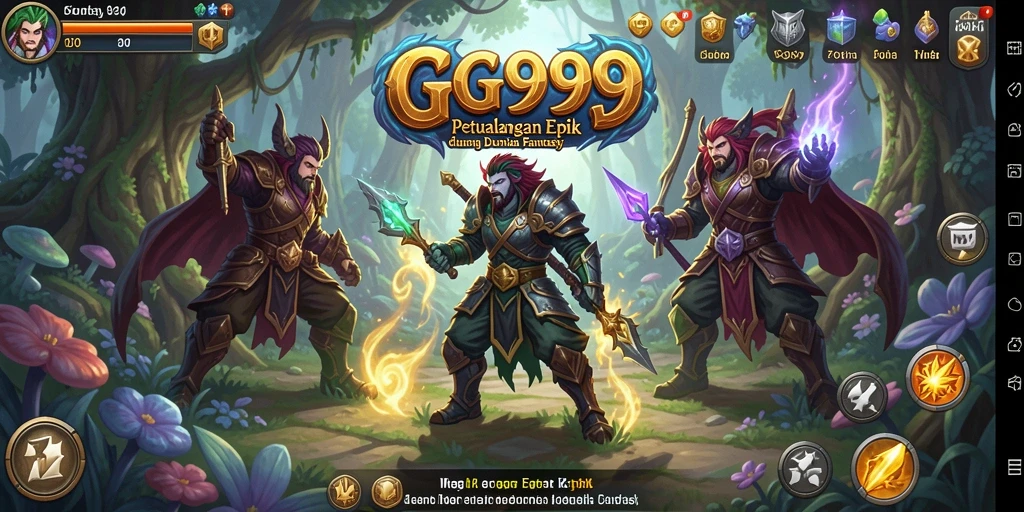 Screenshot GG999 menampilkan pertempuran epik dengan karakter dan monster fantastis.