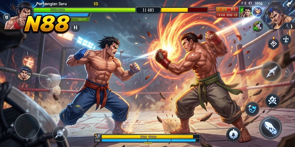 Tampilan screenshot <strong>IN88</strong> menunjukkan pertarungan sengit antara dua karakter di arena.
