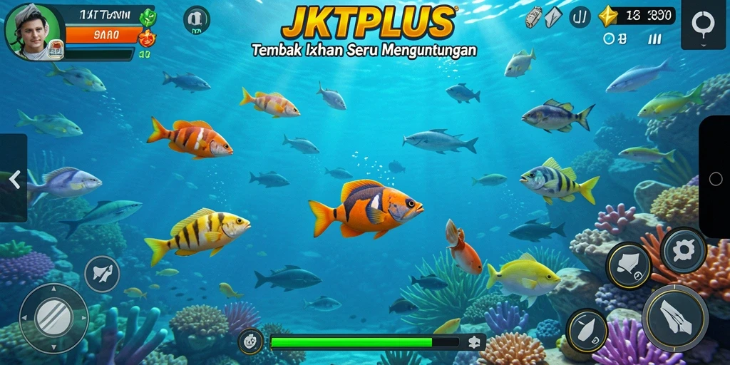 Menampilkan gameplay seru dalam JKTPLUS dengan aksi menembak ikan.