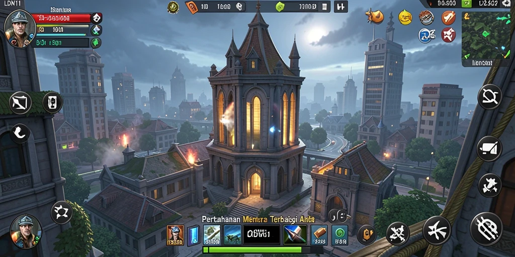 Tampilan gameplay seru di LDN11 dengan menara dan musuh yang beragam.