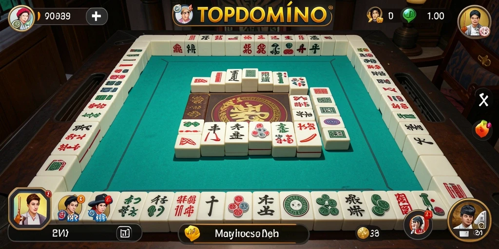 Screenshot utama TOPDOMINO menampilkan permainan Mahjong yang menarik dan interaktif.